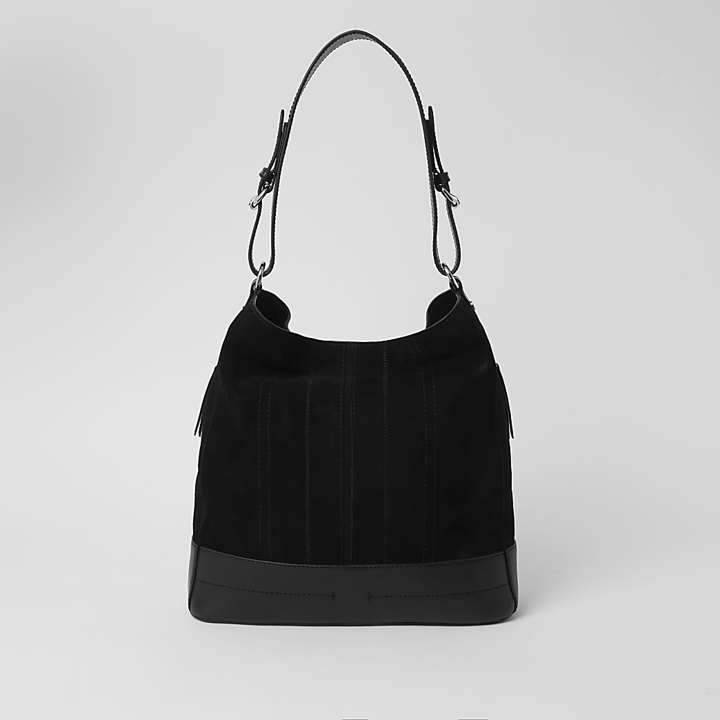 Black leather zip side slouch bag | River Island