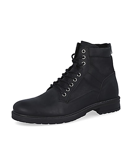 360 degree animation of product Black leather zip up boots frame-1