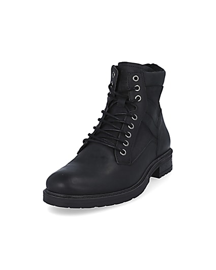 360 degree animation of product Black leather zip up boots frame-23