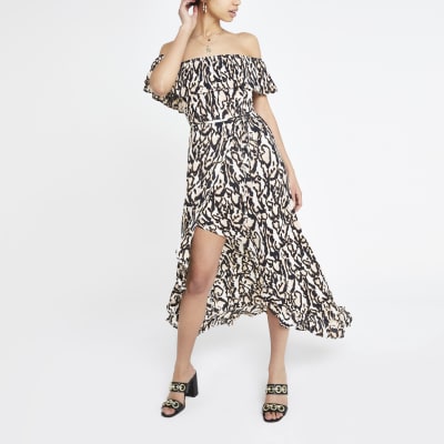 Black leopard print bardot maxi dress