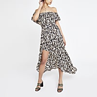 Black leopard print bardot maxi dress