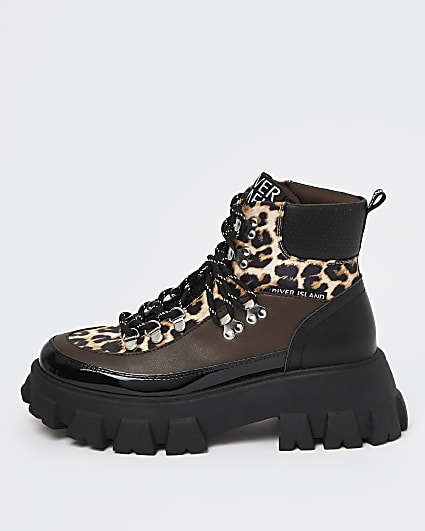 Black leopard print chunky hiking boots