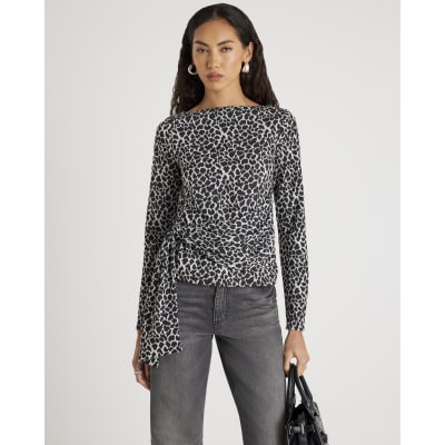 Black Leopard Print Drape Front Top
