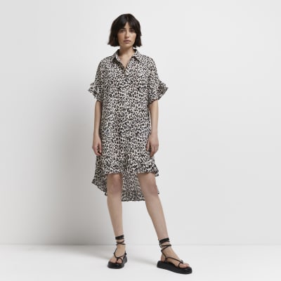 Black leopard print mini shirt dress