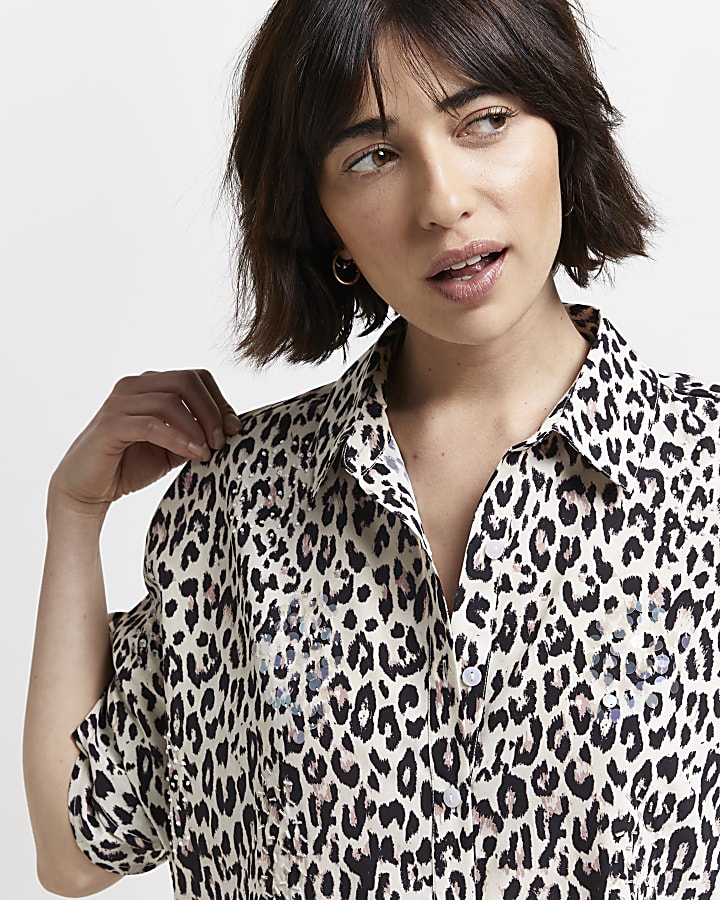 Black leopard print mini shirt dress