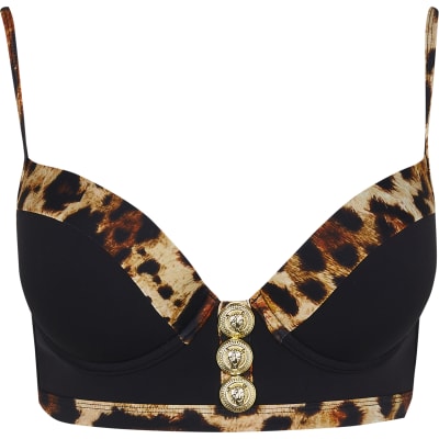 Black leopard print plunge bikini top