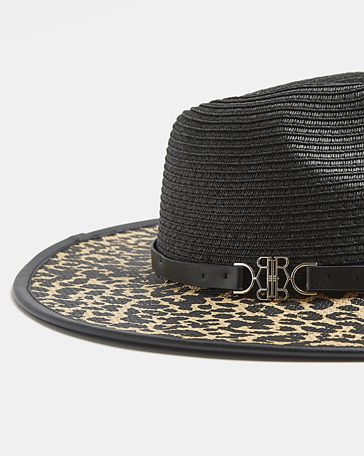 Black leopard print straw Fedora hat