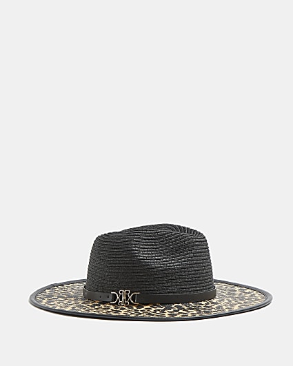 Black leopard print straw Fedora hat