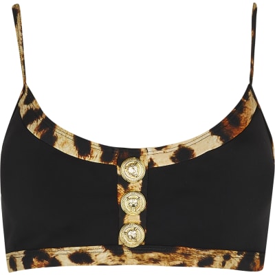 Black leopard print trim cami bikini top