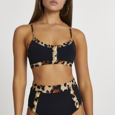 Black leopard print trim cami bikini top
