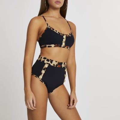 Black leopard print trim cami bikini top