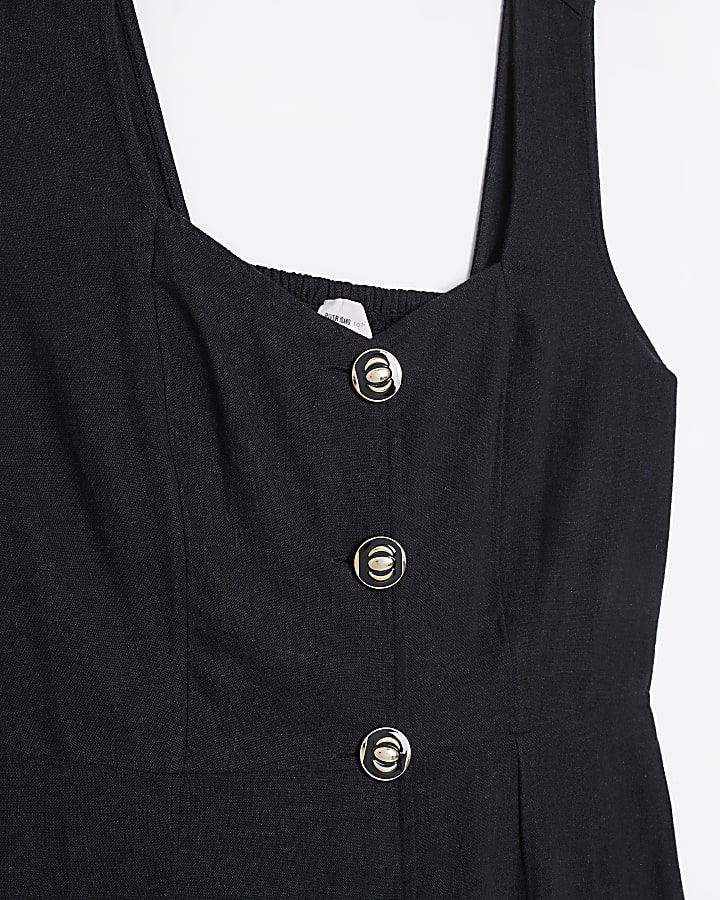 Black linen blend button mini dress
