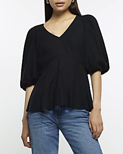 Black linen blend puff sleeve blouse