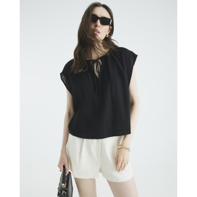 Black Linen Blend Short Sleeve Tie Front Top