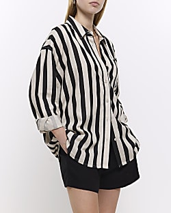 Black linen blend striped shirt