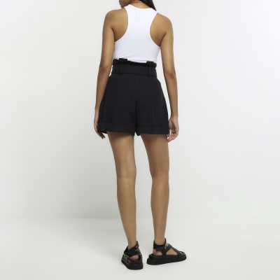 Black linen blend tie fastening shorts