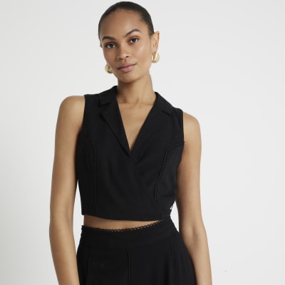 Black linen blend tie up waistcoat