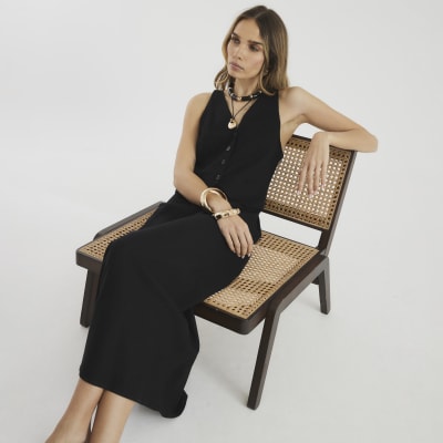 Black Linen Blend Waistcoat Midi Dress