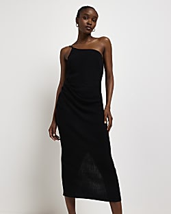Black linen one shoulder midi dress