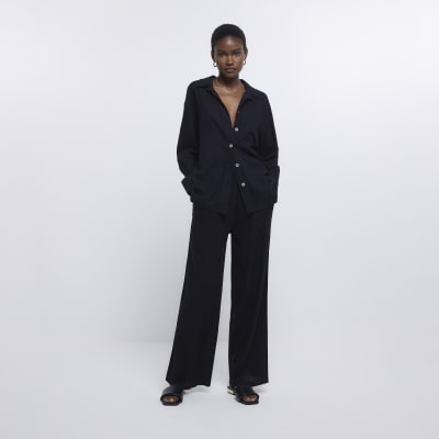 Black linen wide leg trousers