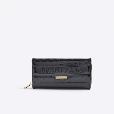 Black Logo Monogram Print Patent Flap Purse