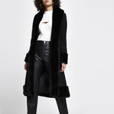 Black long faux fur robe belted coat | River Island