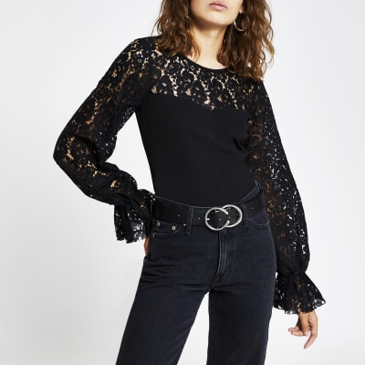 Black long puff sleeve blocked lace top | River Island