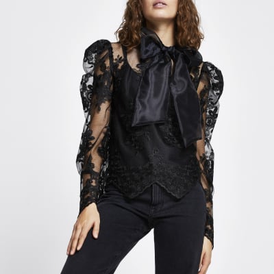 black lace puff sleeve top