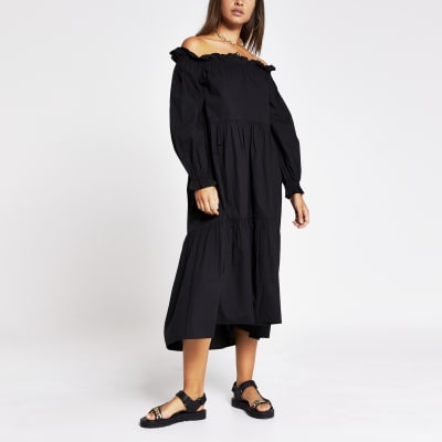 Black long sleeve bardot puff sleeve dress | River Island