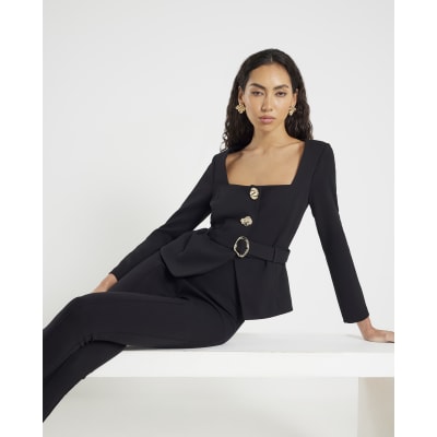 Black Long Sleeve Belted Mixed Button Blazer