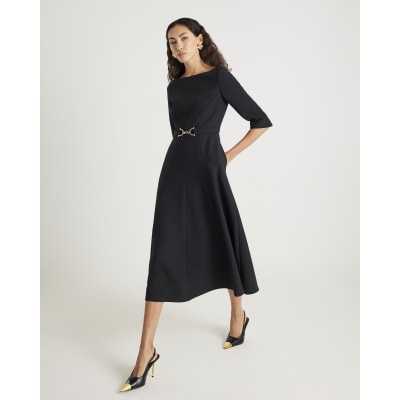 Black Long Sleeve Boat Neck Belted Midi Dress