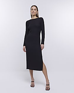 Black long sleeve bodycon midi dress