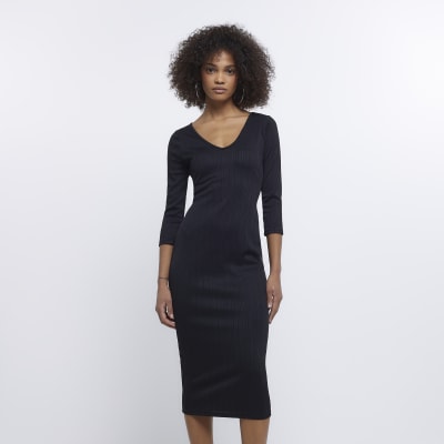 Black long sleeve bodycon midi dress River Island