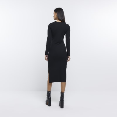 Black Long Sleeve Bodycon Midi Dress