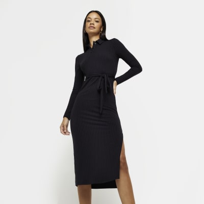 Black long sleeve bodycon midi dress | River Island