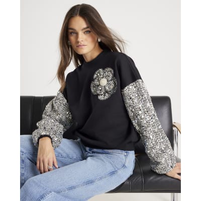 Black Long Sleeve Boucle Trim Sweatshirt