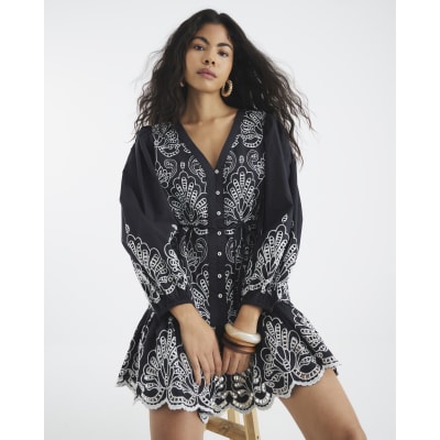 Black Long Sleeve Broderie Shirt Dress
