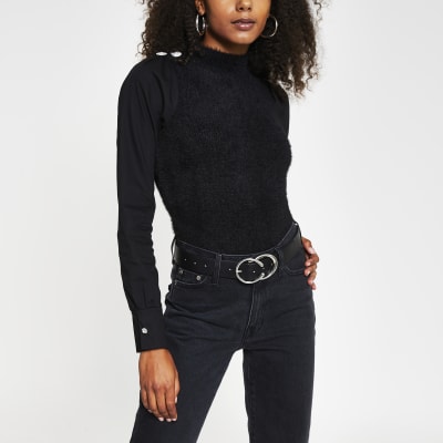 Black long sleeve button detail knitted top River Island