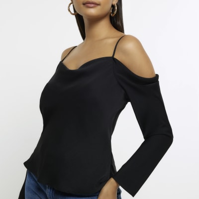 Black long sleeve cold shoulder top | River Island