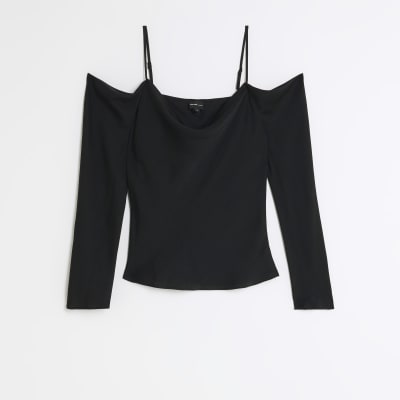 Black long sleeve cold shoulder top | River Island