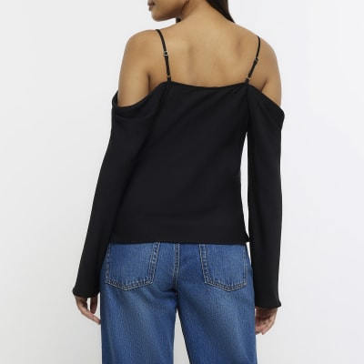 Black long sleeve cold shoulder top | River Island