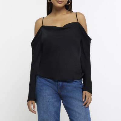 Black long sleeve cold shoulder top | River Island