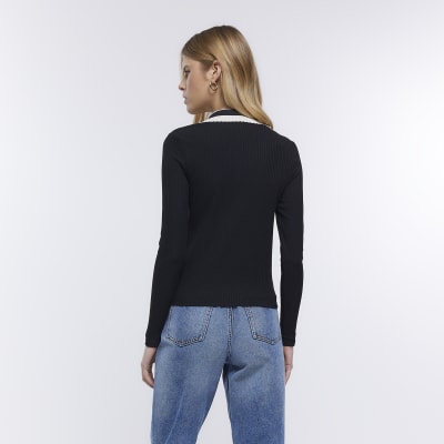 Black long sleeve collared top
