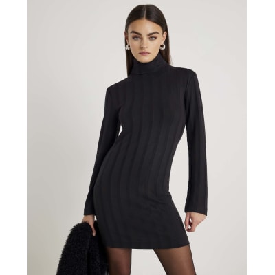 Black Long Sleeve Cosy Wide Ribbed Mini Dress