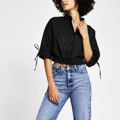 Black long sleeve cropped drawer string shirt River Island