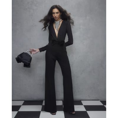 Black Long Sleeve Diamante Bow Jumpsuit
