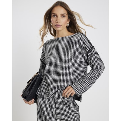 Black Long Sleeve Dogtooth Print Sweatshirt