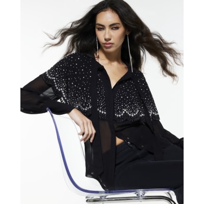 Black Long Sleeve Embellished Cape Shirt