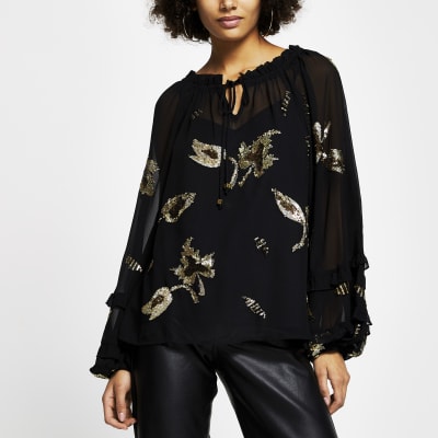 Black long sleeve embellished tie neck blouse River Island