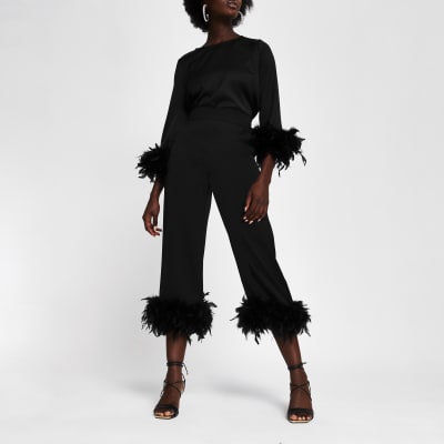 Black Long Sleeve Feather Cuff Top | River Island